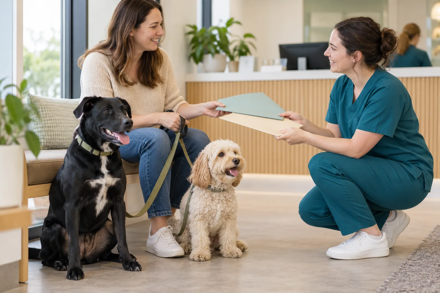 Two dogs beside their owner receiving separate folders at a veterinary clinic